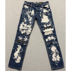 Black Pike Mens Jeans Dark Blue w/Bleach Spots Size 32x32 Zippers Tapered Leg